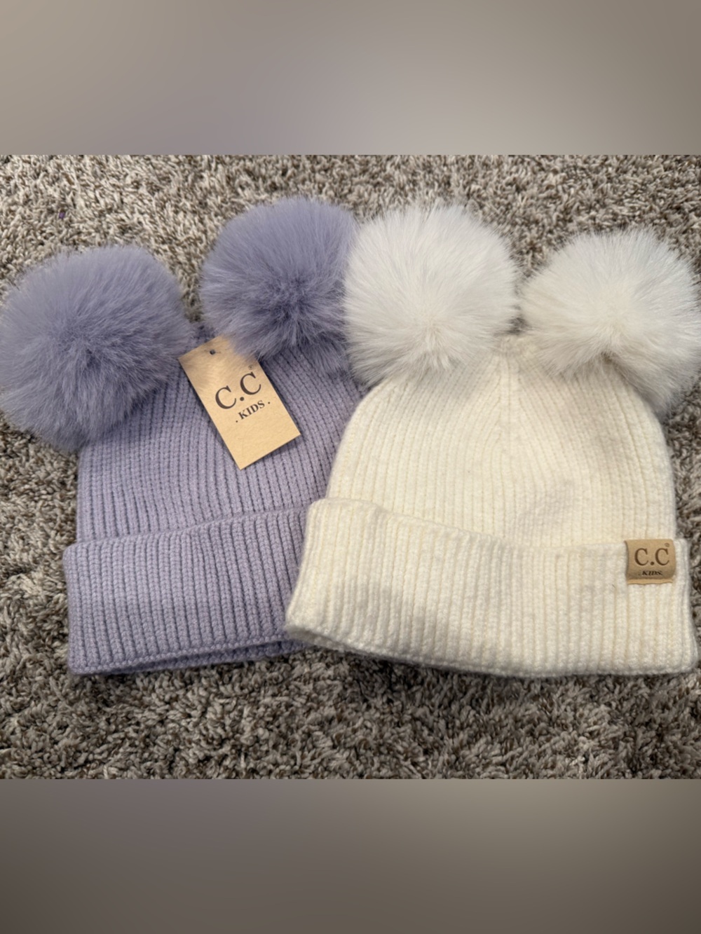 C.C Kids Ivory & Purple Double Pom Knit Beanie